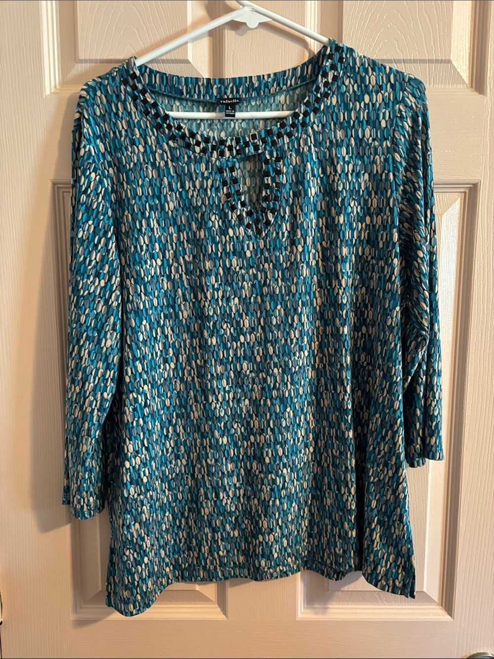 Rafaella Teal and White Printed Keyhole Long-Sleeve Top